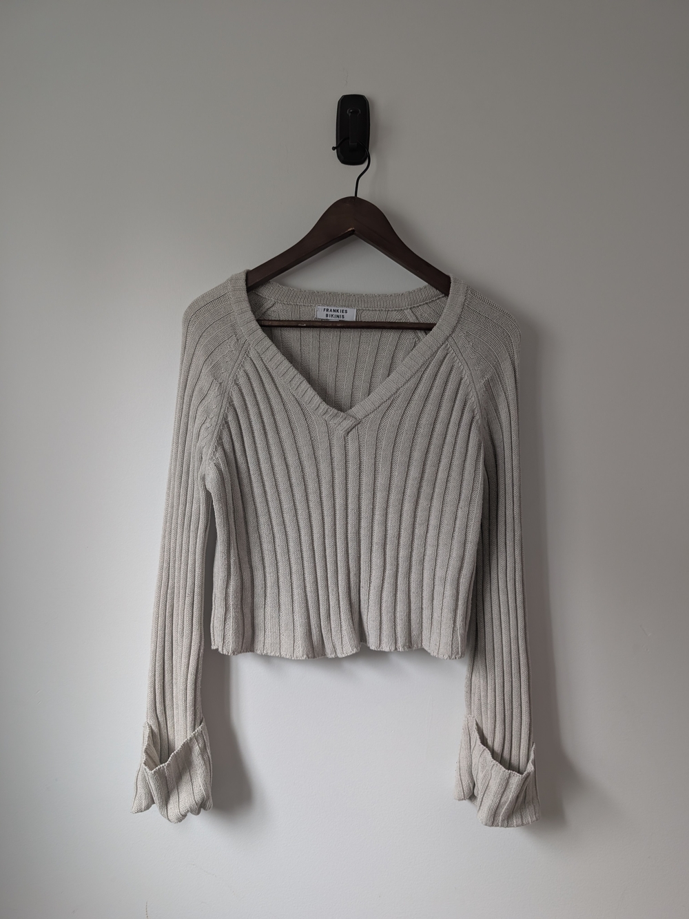 Frankie's Bikini Cream Ribbed V-Neck Cropped Sweater